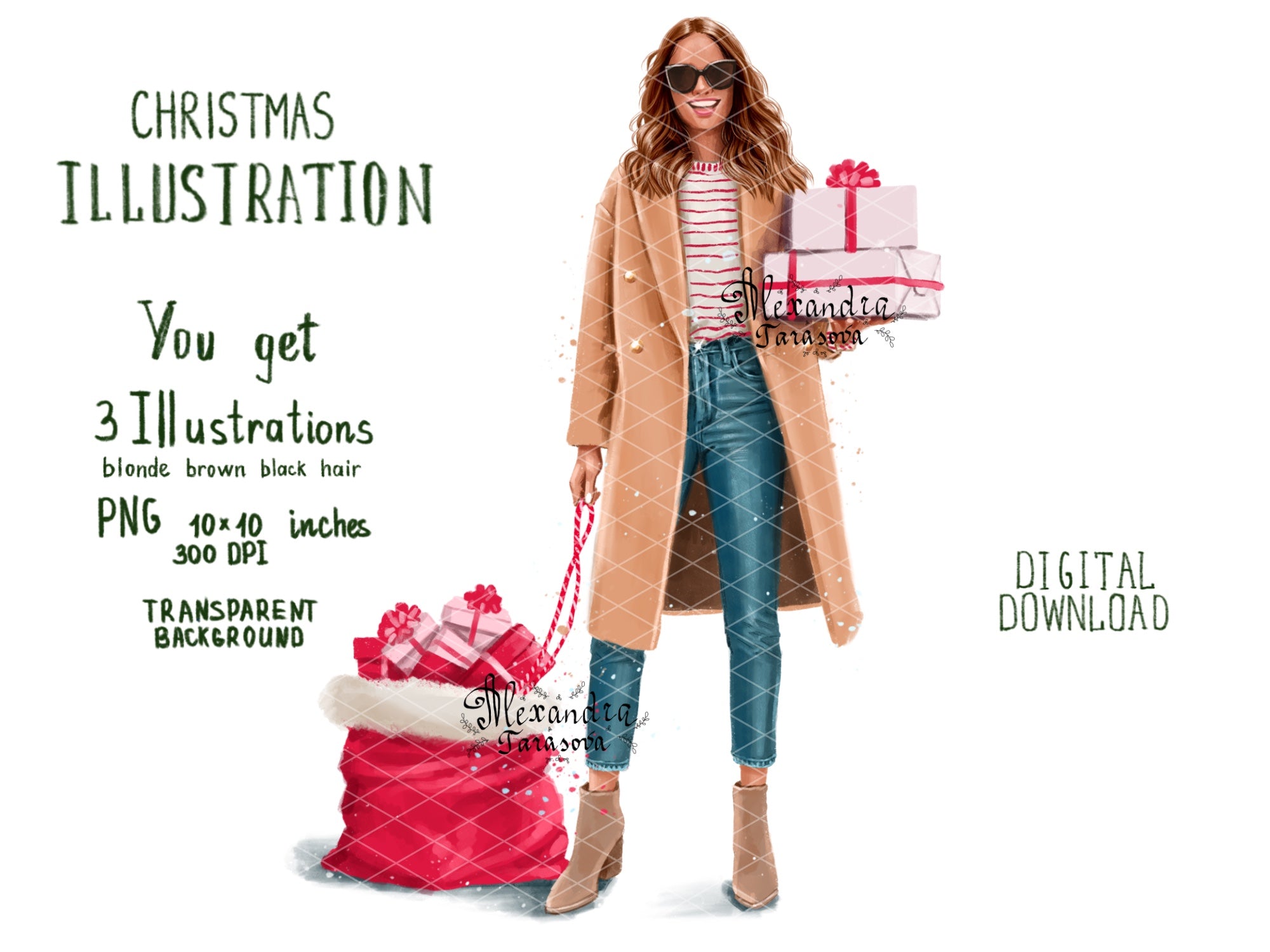 Digital Watercolor Illustration Fashion Girl Trendy Hairstyles Black Boss Girl Christmas Gifts Winter Holiday Watercolor Painting