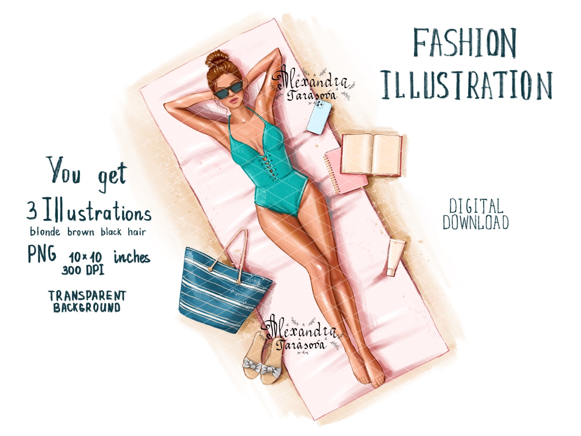 Digital Watercolor Illustration Fashion Summer Girl Trendy Sunglasses Drawing Style Beauty Picture