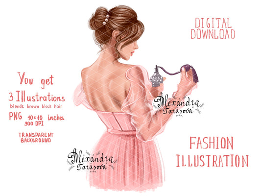 Digital Watercolor Illustration Fashion Girl Trendy Hairstyles Bun Stylish Pink Dress Tutu Printable Art