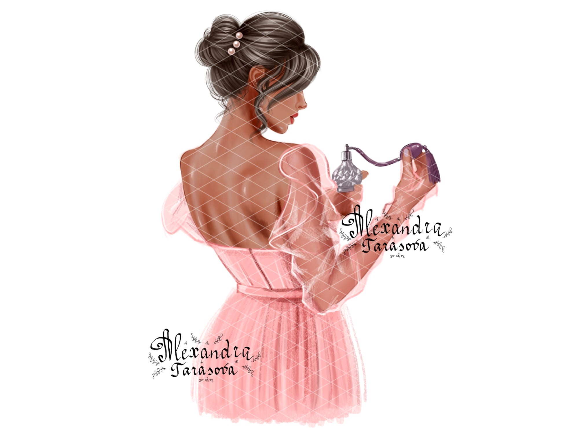 Digital Watercolor Illustration Fashion Girl Trendy Hairstyles Bun Stylish Pink Dress Tutu Printable Art