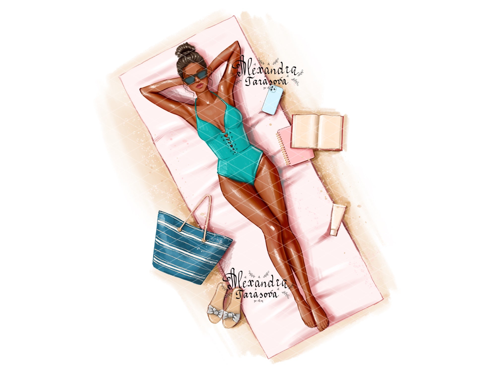 Digital Watercolor Illustration Fashion Summer Girl Trendy Sunglasses Drawing Style Beauty Picture