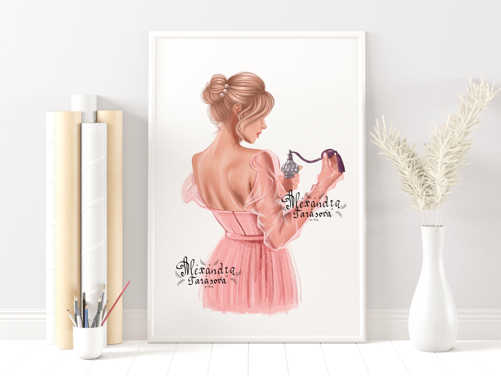 Digital Watercolor Illustration Fashion Girl Trendy Hairstyles Bun Stylish Pink Dress Tutu Printable Art