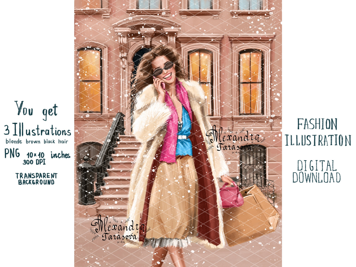 Digital Watercolor Illustration Fashion Girl Trendy Hairstyles Christmas New Year Holiday Printable Art