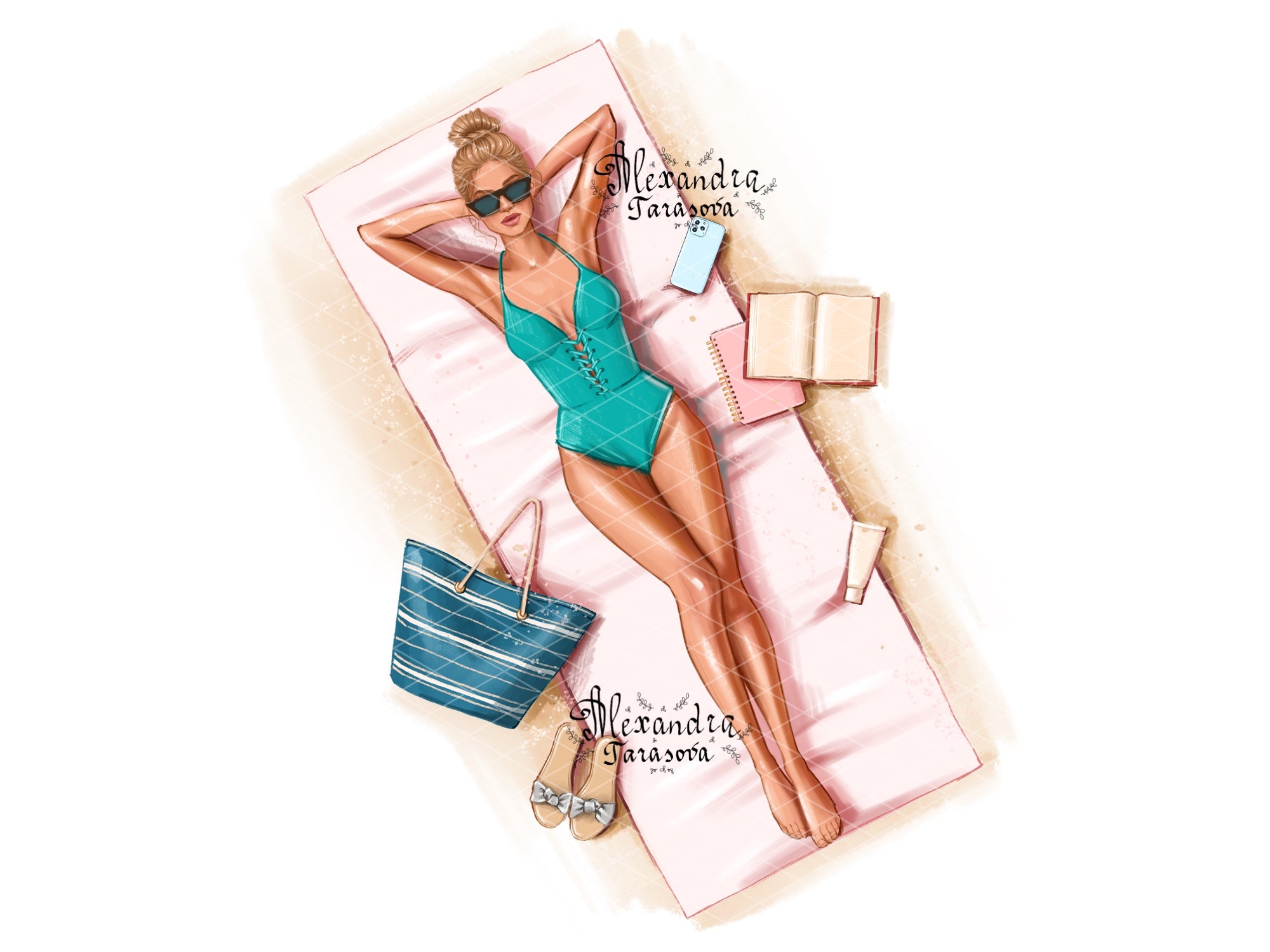 Digital Watercolor Illustration Fashion Summer Girl Trendy Sunglasses Drawing Style Beauty Picture