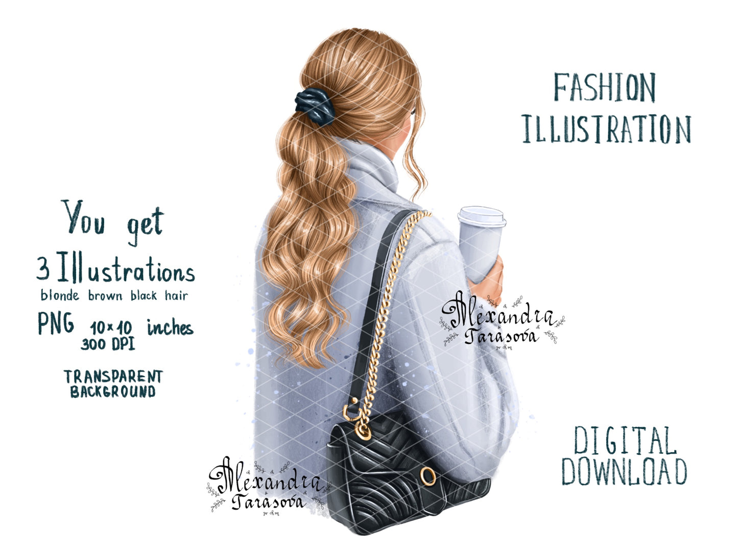 Digital Watercolor Illustration Fashion Girl Trendy Hairstyles Ponytail Wavy Long Hair Stylish Black Bag Blue Coat Delicious Coffee Winter Holiday