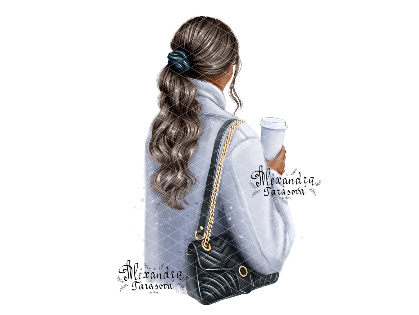 Digital Watercolor Illustration Fashion Girl Trendy Hairstyles Ponytail Wavy Long Hair Stylish Black Bag Blue Coat Delicious Coffee Winter Holiday