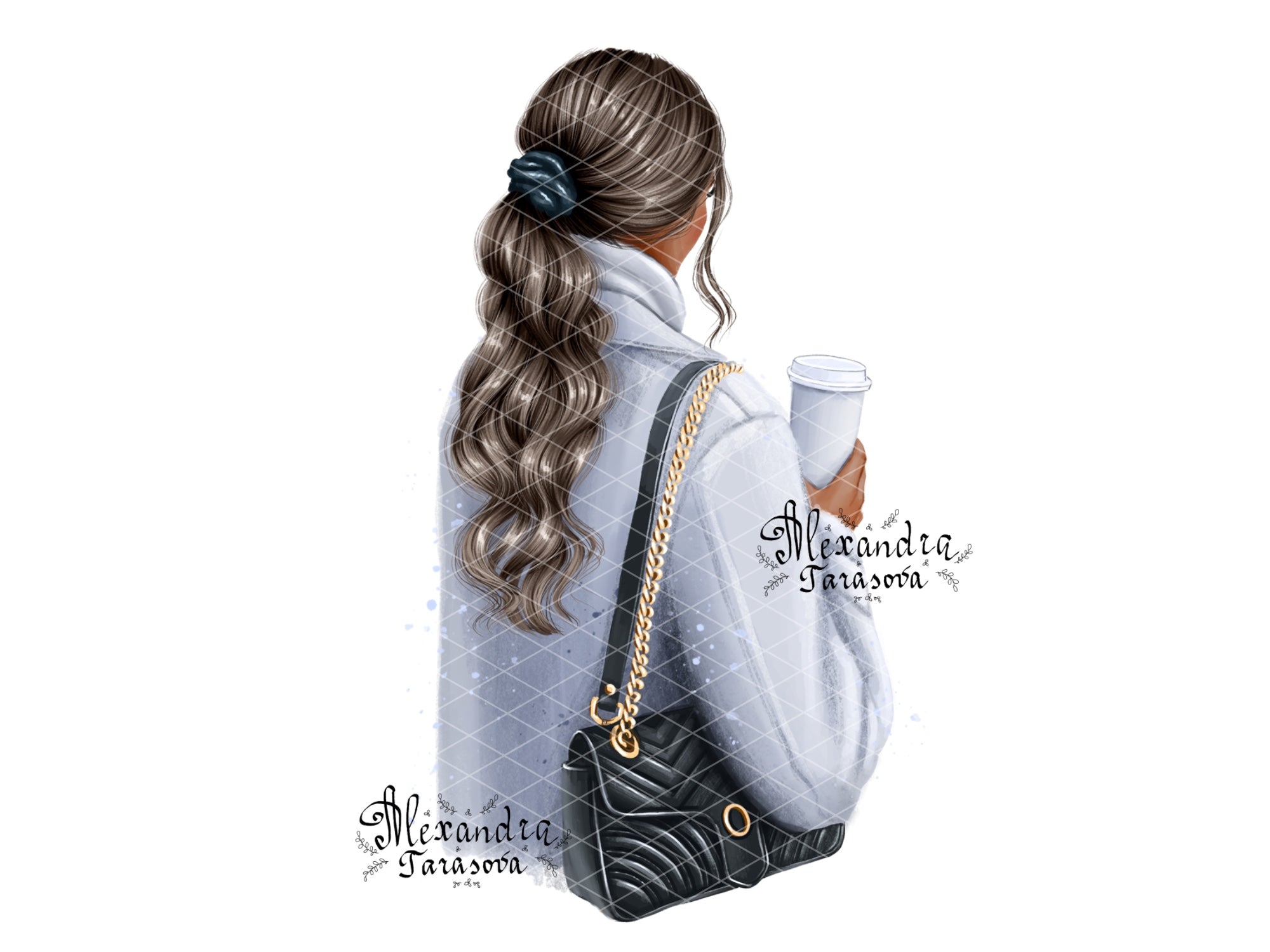 Digital Watercolor Illustration Fashion Girl Trendy Hairstyles Ponytail Wavy Long Hair Stylish Black Bag Blue Coat Delicious Coffee Winter Holiday