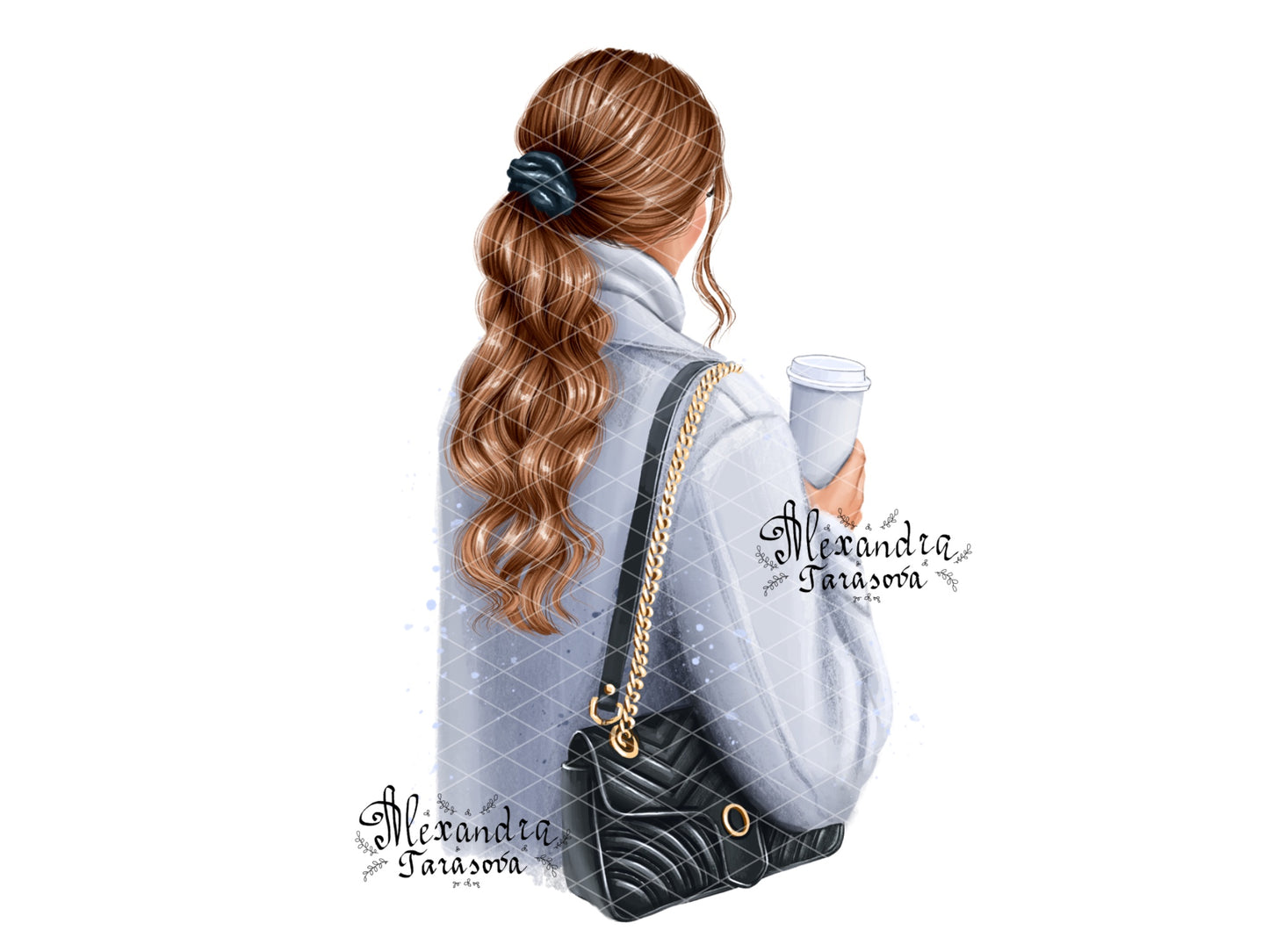 Digital Watercolor Illustration Fashion Girl Trendy Hairstyles Ponytail Wavy Long Hair Stylish Black Bag Blue Coat Delicious Coffee Winter Holiday