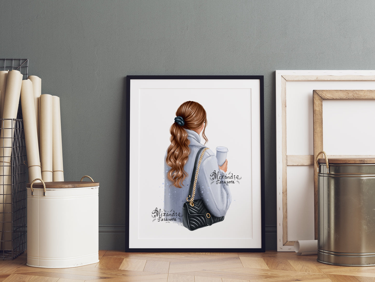 Digital Watercolor Illustration Fashion Girl Trendy Hairstyles Ponytail Wavy Long Hair Stylish Black Bag Blue Coat Delicious Coffee Winter Holiday