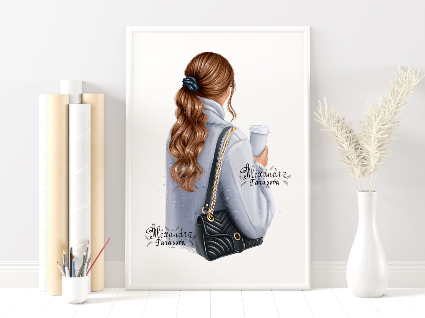 Digital Watercolor Illustration Fashion Girl Trendy Hairstyles Ponytail Wavy Long Hair Stylish Black Bag Blue Coat Delicious Coffee Winter Holiday