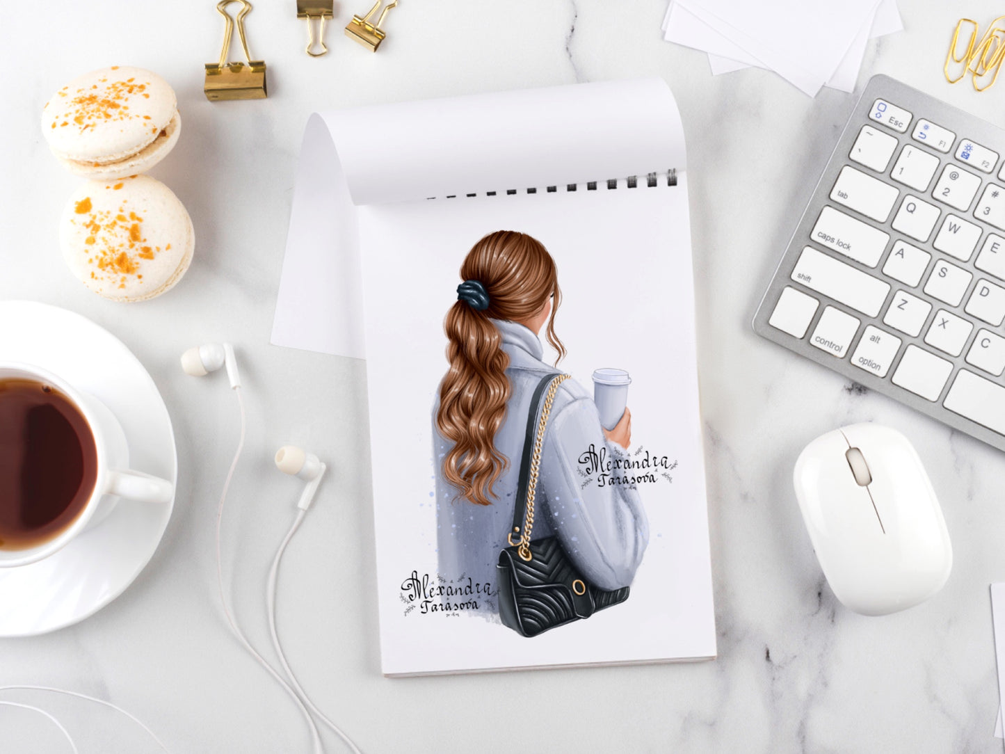 Digital Watercolor Illustration Fashion Girl Trendy Hairstyles Ponytail Wavy Long Hair Stylish Black Bag Blue Coat Delicious Coffee Winter Holiday