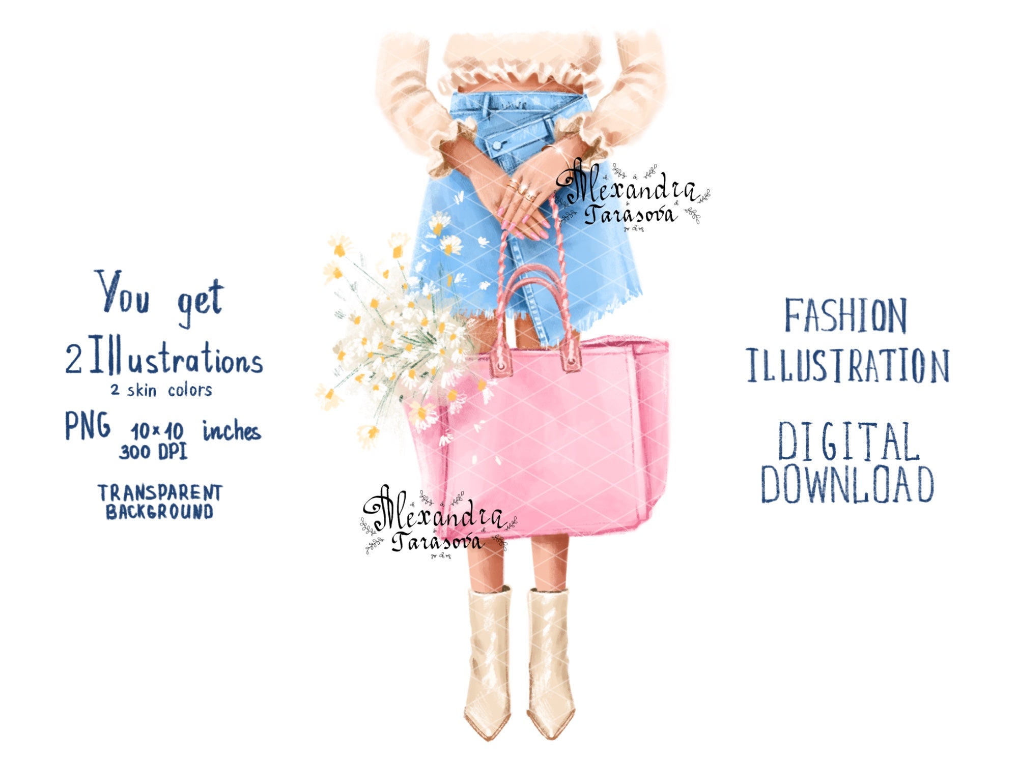 Digital Watercolor Illustration Fashion Girl Trendy Summer Flower Stylish Pink Bag Printable Painting Art