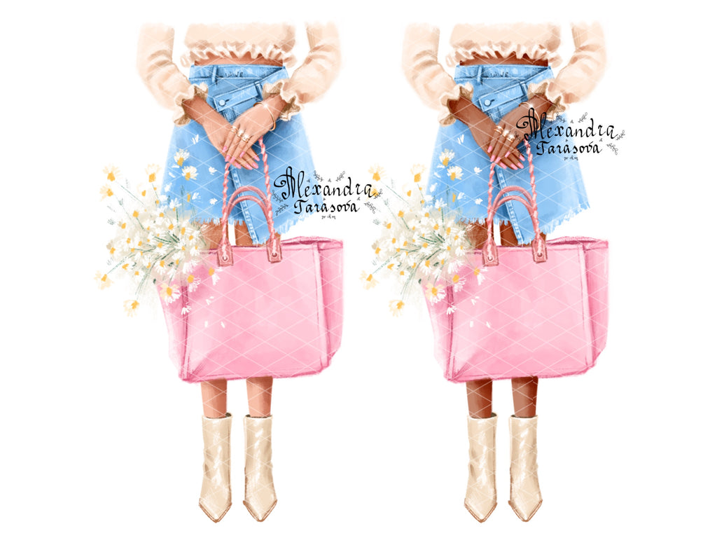Digital Watercolor Illustration Fashion Girl Trendy Summer Flower Stylish Pink Bag Printable Painting Art