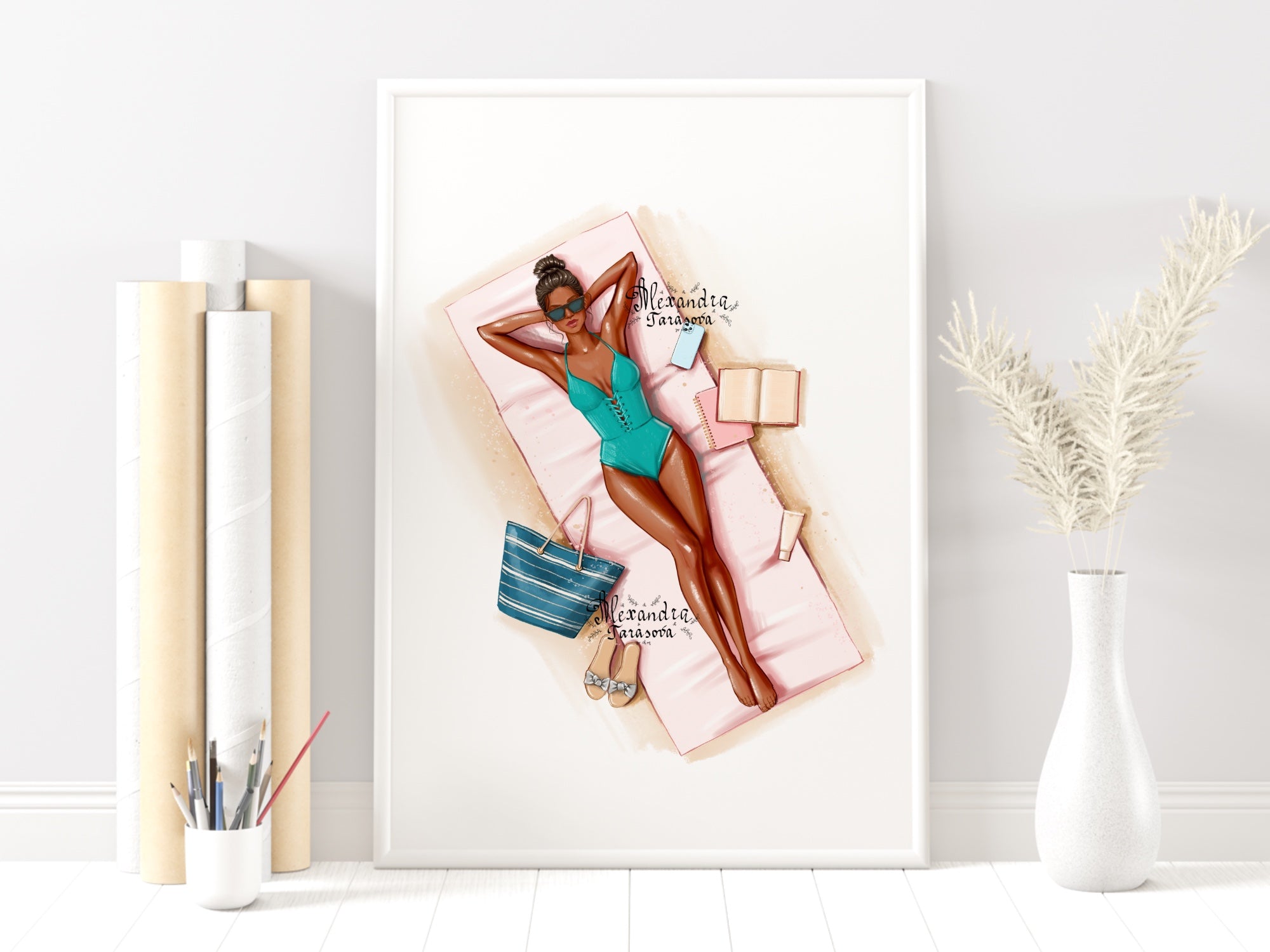 Digital Watercolor Illustration Fashion Summer Girl Trendy Sunglasses Drawing Style Beauty Picture
