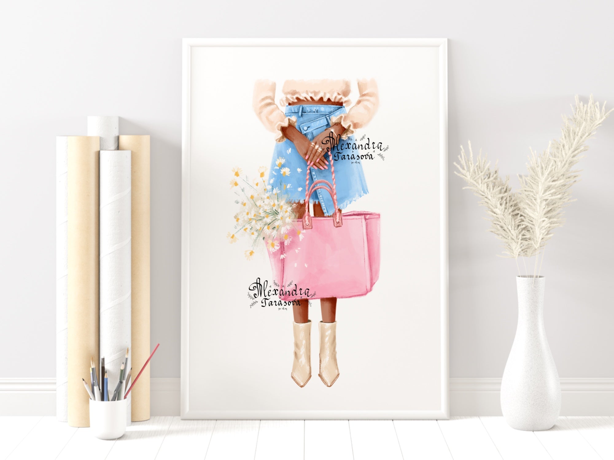 Digital Watercolor Illustration Fashion Girl Trendy Summer Flower Stylish Pink Bag Printable Painting Art