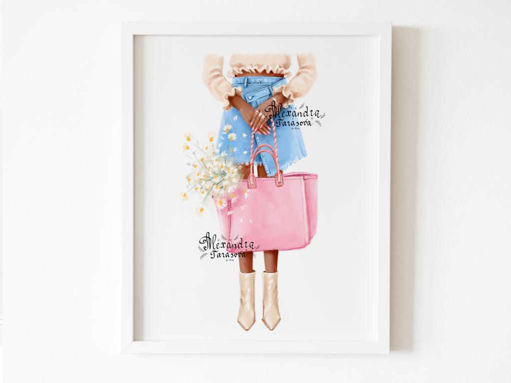Digital Watercolor Illustration Fashion Girl Trendy Summer Flower Stylish Pink Bag Printable Painting Art
