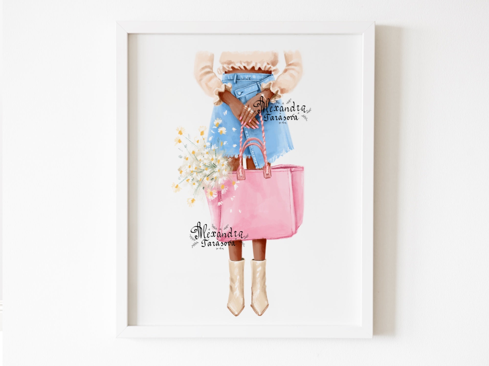 Digital Watercolor Illustration Fashion Girl Trendy Summer Flower Stylish Pink Bag Printable Painting Art