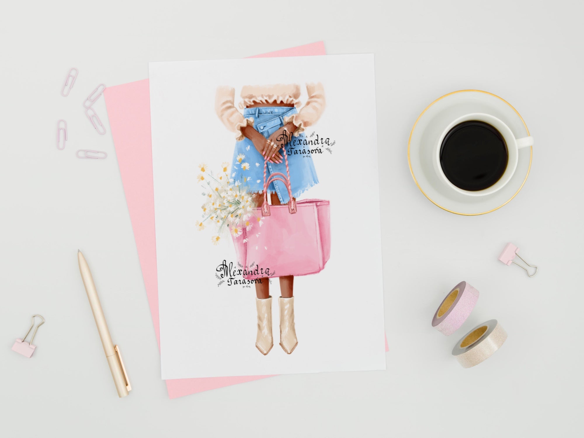 Digital Watercolor Illustration Fashion Girl Trendy Summer Flower Stylish Pink Bag Printable Painting Art
