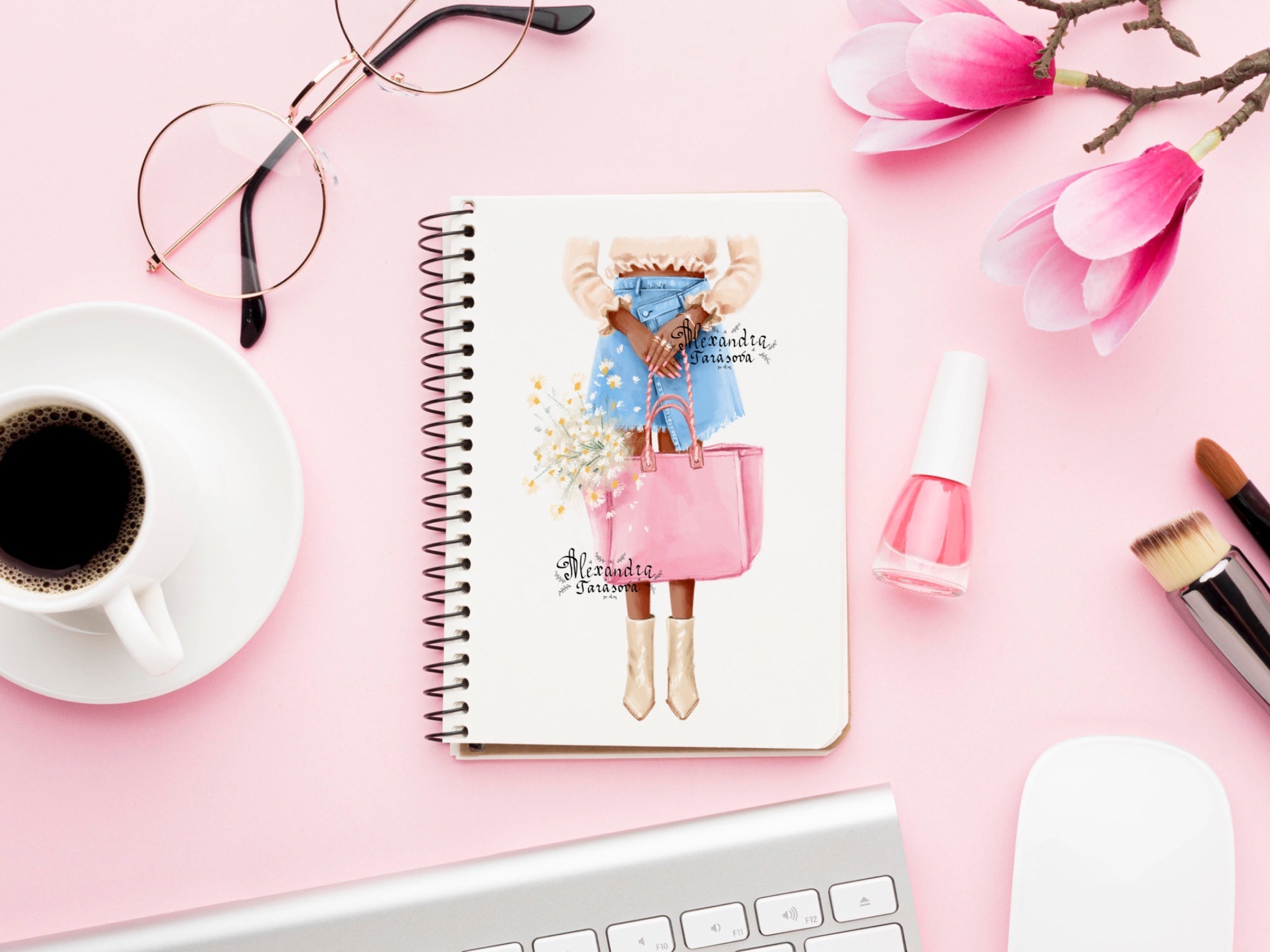 Digital Watercolor Illustration Fashion Girl Trendy Summer Flower Stylish Pink Bag Printable Painting Art