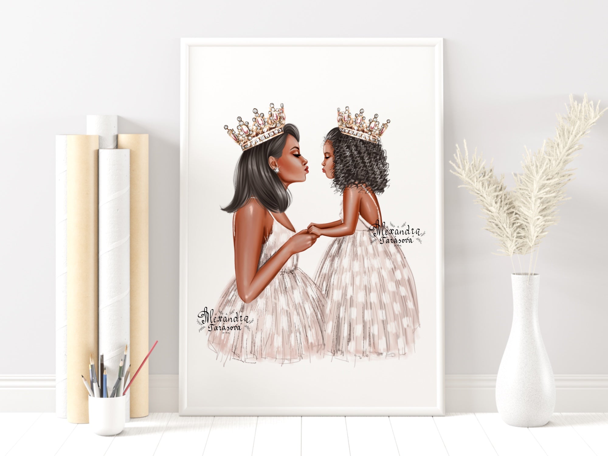 Digital Watercolor Illustration Fashion Mother And Daughter Trendy White Dress Skirt Tutu Printable Art