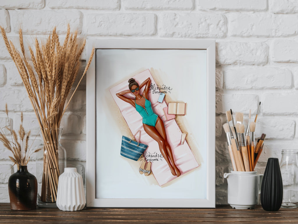 Digital Watercolor Illustration Fashion Summer Girl Trendy Sunglasses Drawing Style Beauty Picture