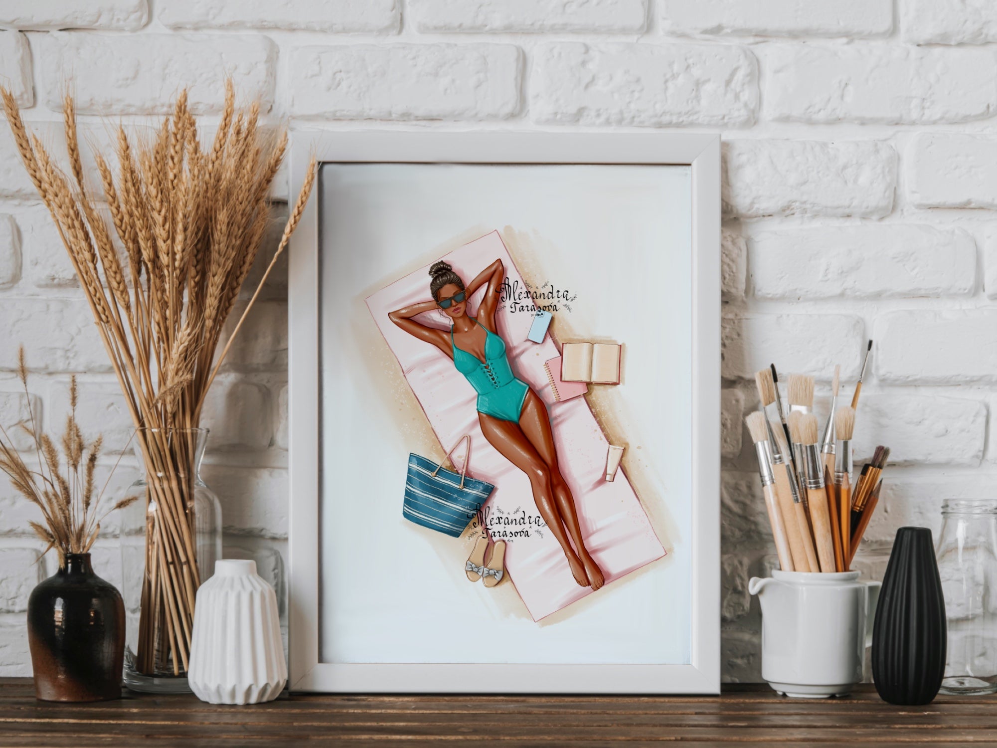 Digital Watercolor Illustration Fashion Summer Girl Trendy Sunglasses Drawing Style Beauty Picture