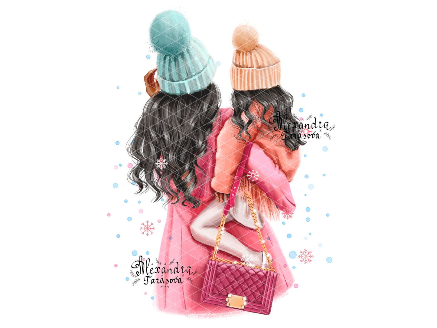 Digital Watercolor Illustration Fashion Mother And Daughter Winter Holiday Trendy Hairstyles Wavy Long Hair Printable Art