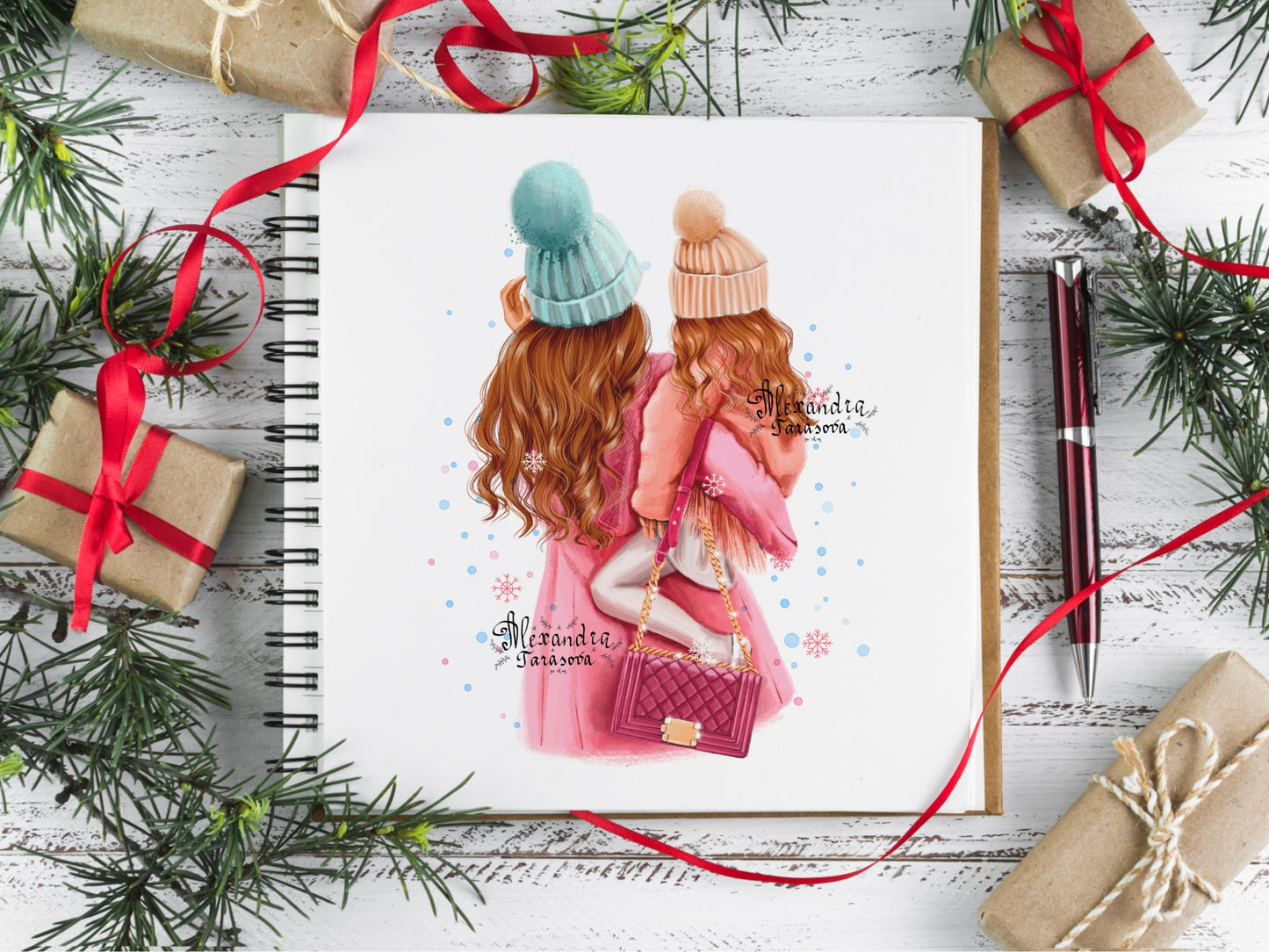 Digital Watercolor Illustration Fashion Mother And Daughter Winter Holiday Trendy Hairstyles Wavy Long Hair Printable Art