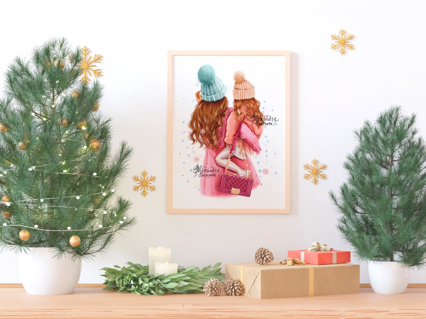 Digital Watercolor Illustration Fashion Mother And Daughter Winter Holiday Trendy Hairstyles Wavy Long Hair Printable Art