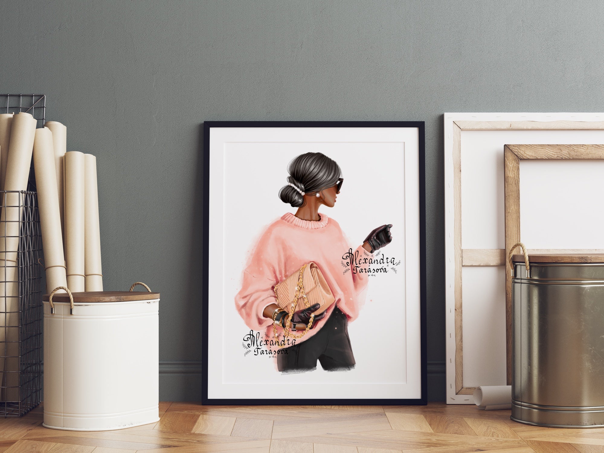 Digital Watercolor Illustration Fashion Girl Trendy Hairstyles Bun Pink Sweater Stylish Bag Painting Printable Art