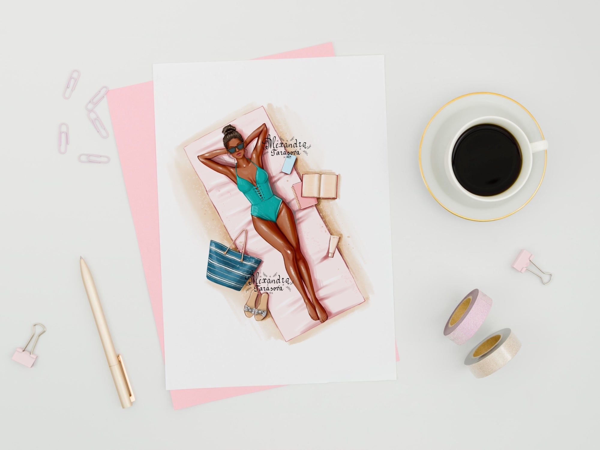 Digital Watercolor Illustration Fashion Summer Girl Trendy Sunglasses Drawing Style Beauty Picture