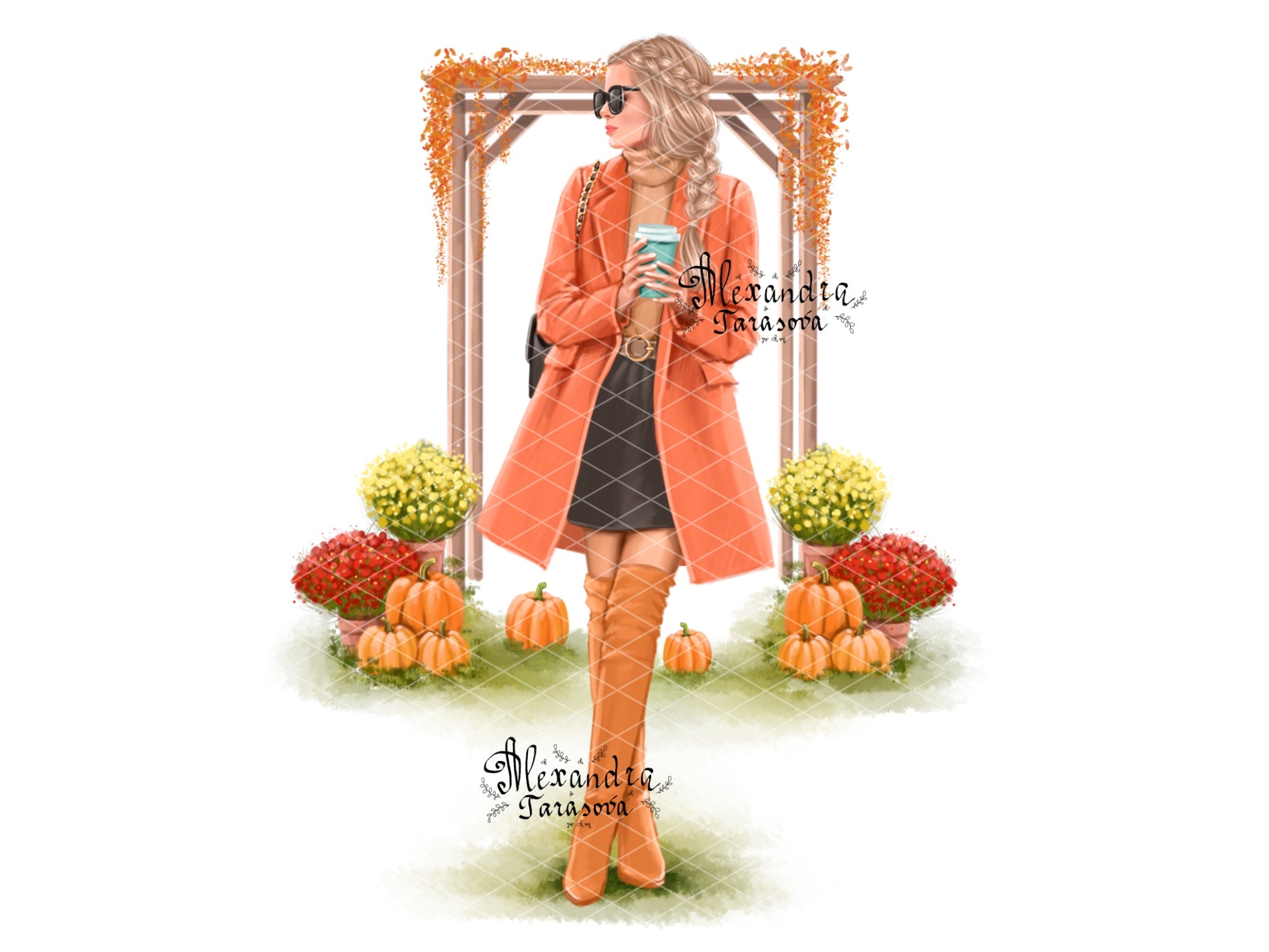 Digital Watercolor Illustration Fashion Girl Pumpkin Holiday Autumn Clipart Planner Dashboard