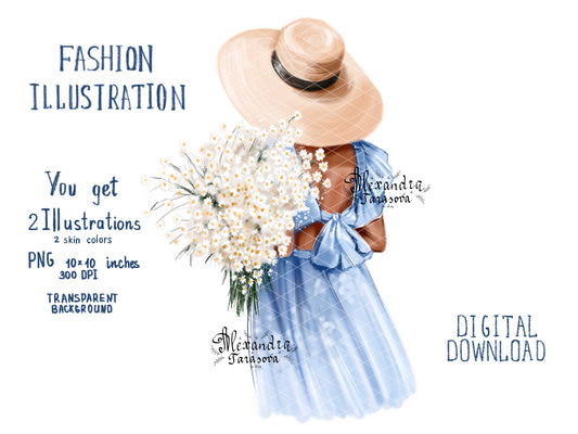 Digital Watercolor Illustration Fashion Girl Blue Dress Summer Holiday Printable Art