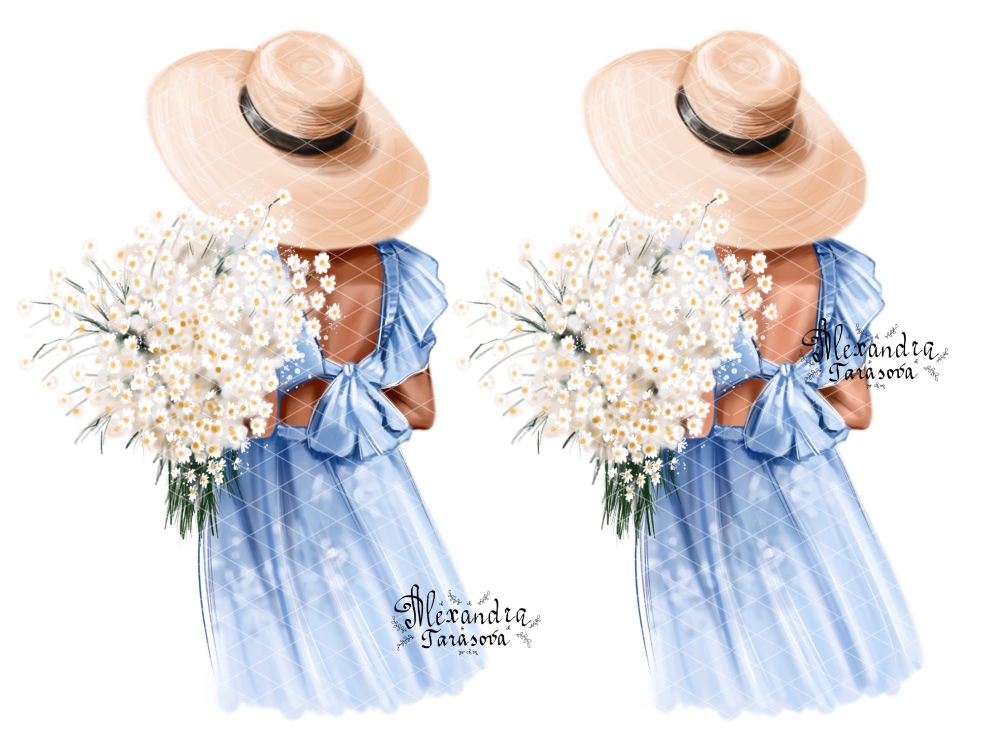 Digital Watercolor Illustration Fashion Girl Blue Dress Summer Holiday Printable Art
