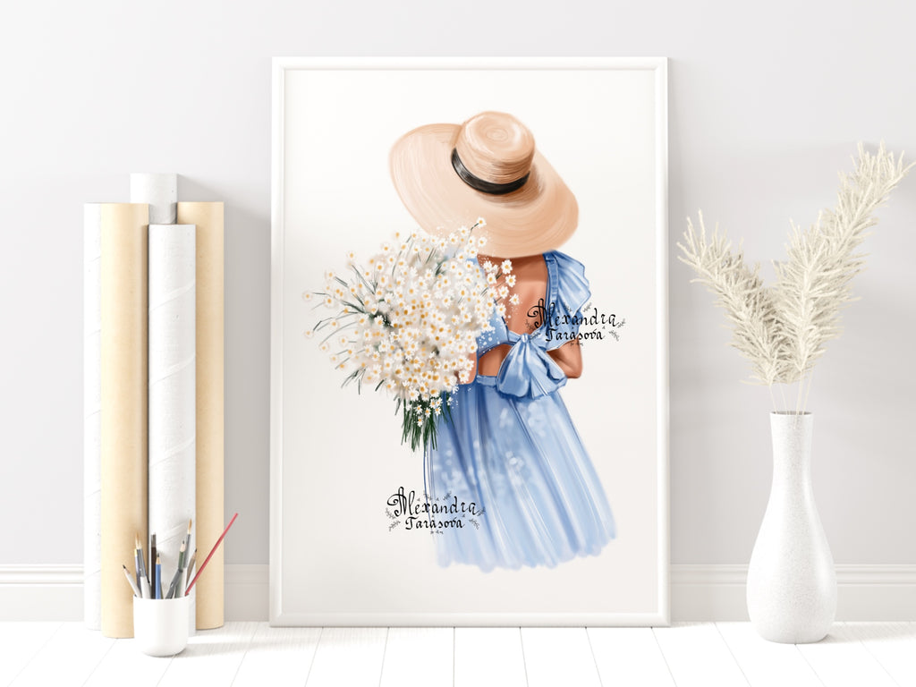 Digital Watercolor Illustration Fashion Girl Blue Dress Summer Holiday Printable Art
