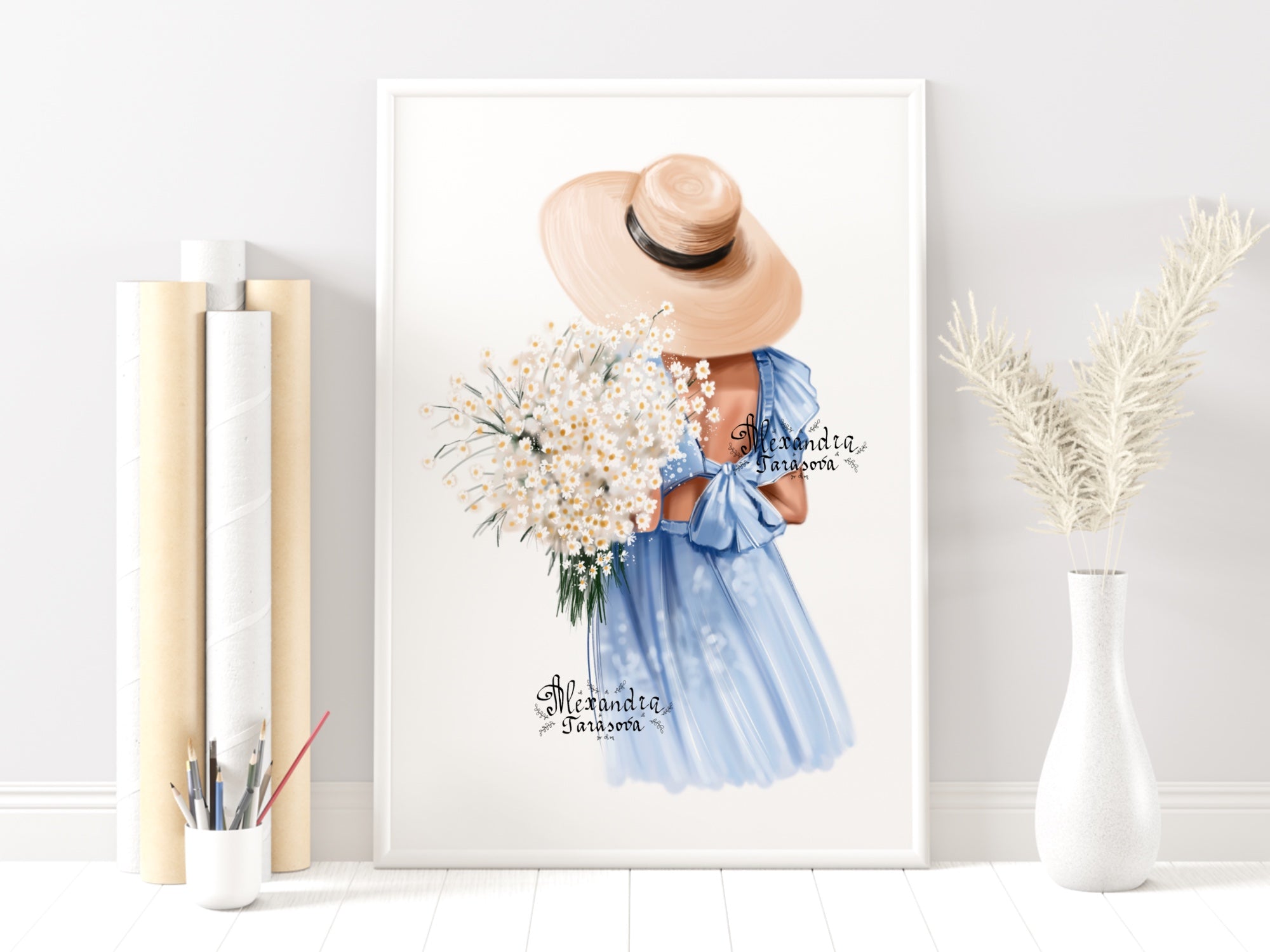 Digital Watercolor Illustration Fashion Girl Blue Dress Summer Holiday Printable Art