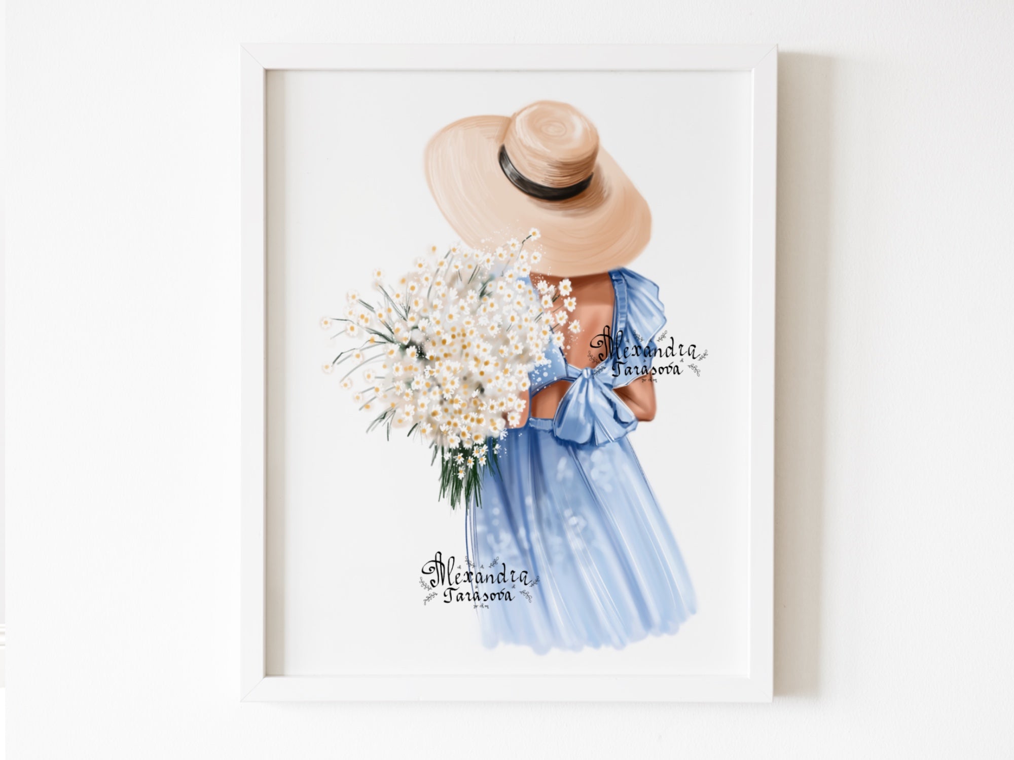 Digital Watercolor Illustration Fashion Girl Blue Dress Summer Holiday Printable Art