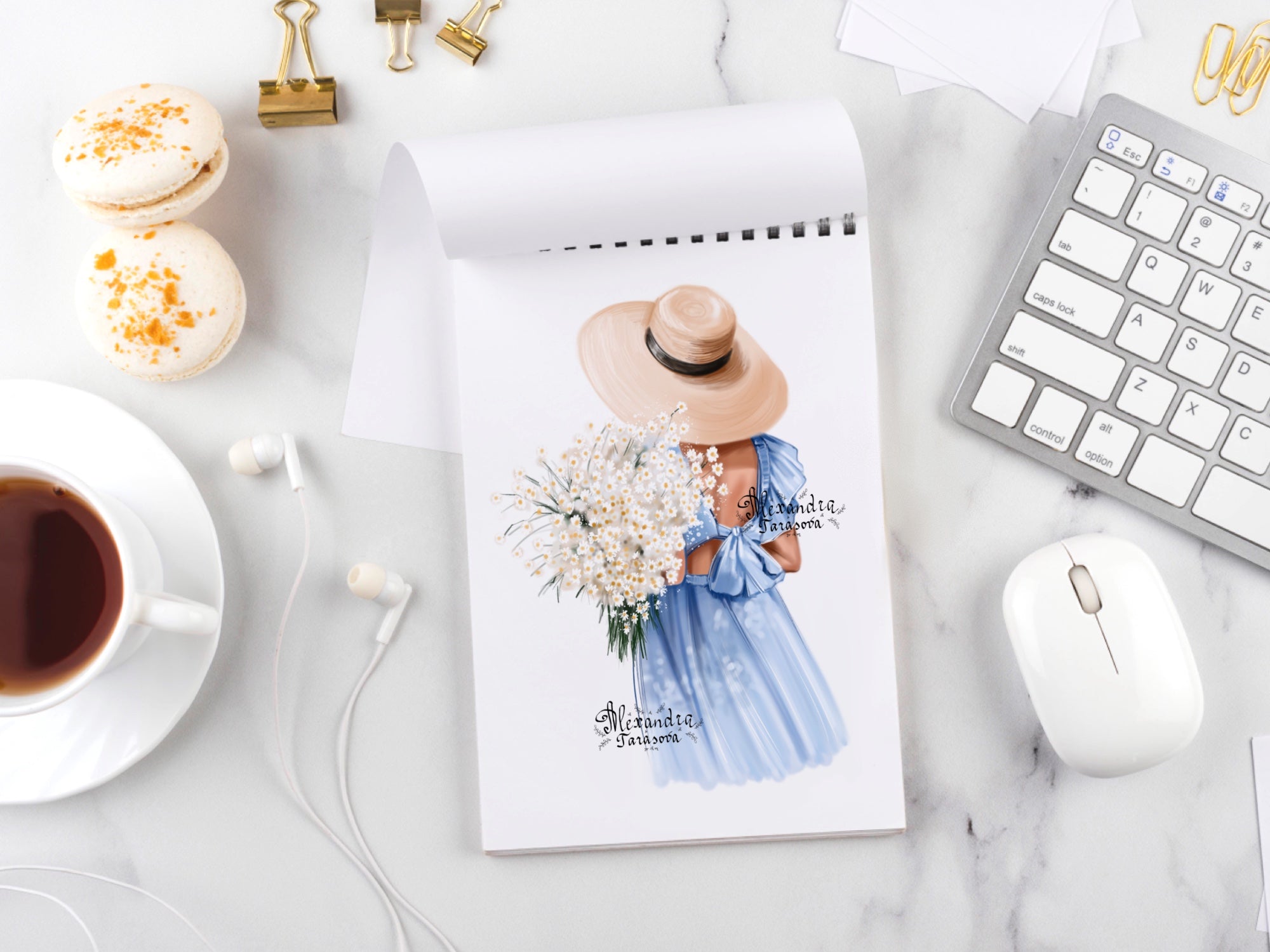 Digital Watercolor Illustration Fashion Girl Blue Dress Summer Holiday Printable Art
