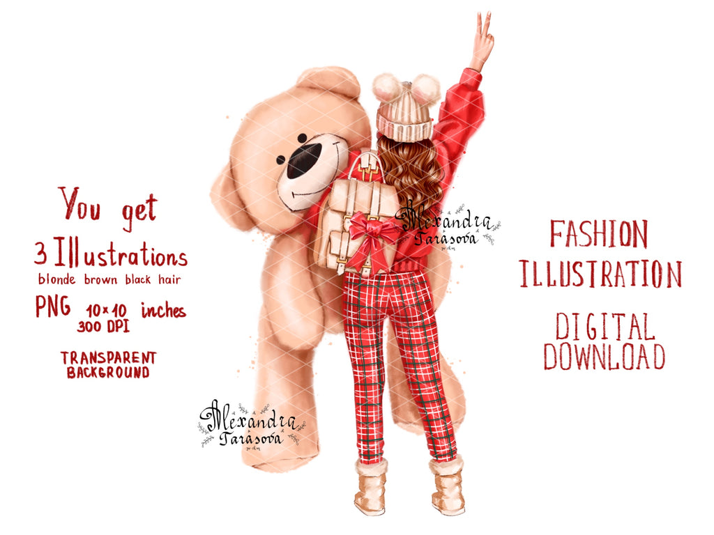 Digital Watercolor Illustration Fashion Girl Winter Picture Red Jeans Printable Art Clipart Stickers