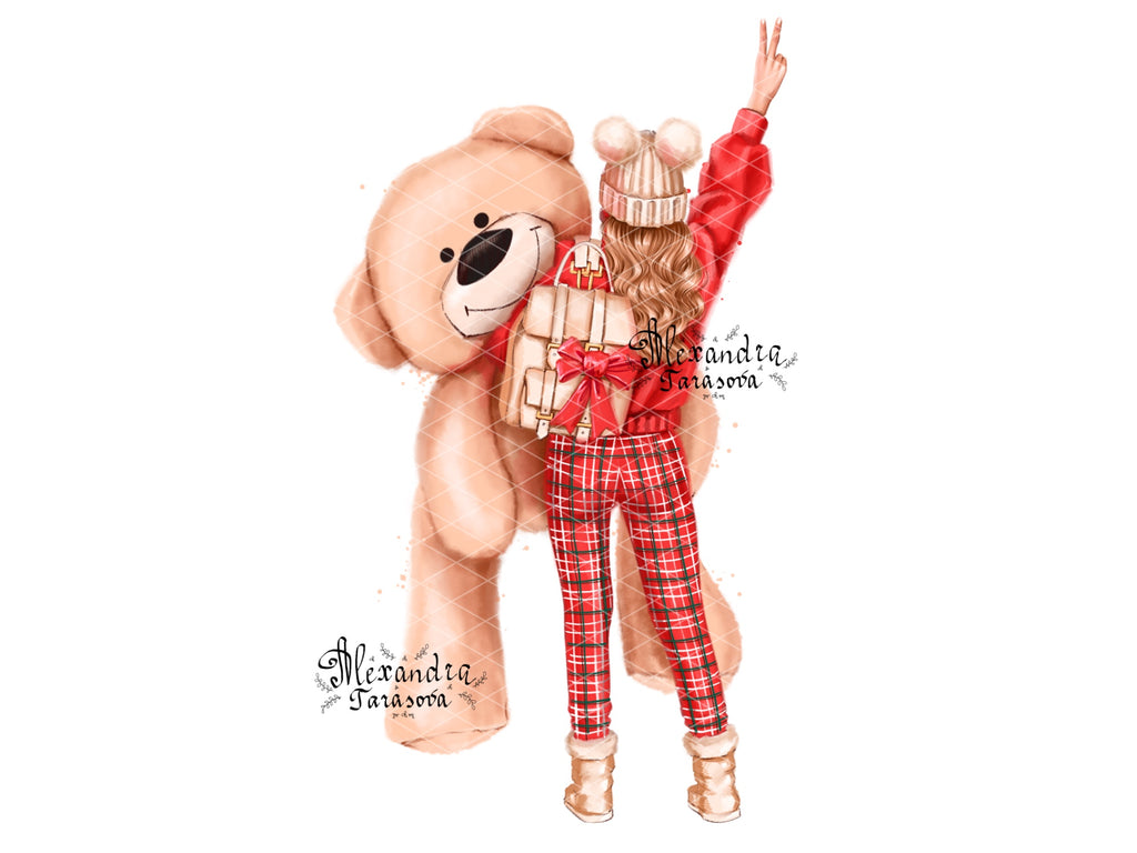 Digital Watercolor Illustration Fashion Girl Winter Picture Red Jeans Printable Art Clipart Stickers