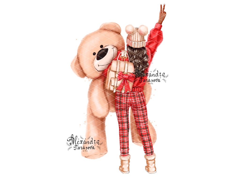 Digital Watercolor Illustration Fashion Girl Winter Picture Red Jeans Printable Art Clipart Stickers