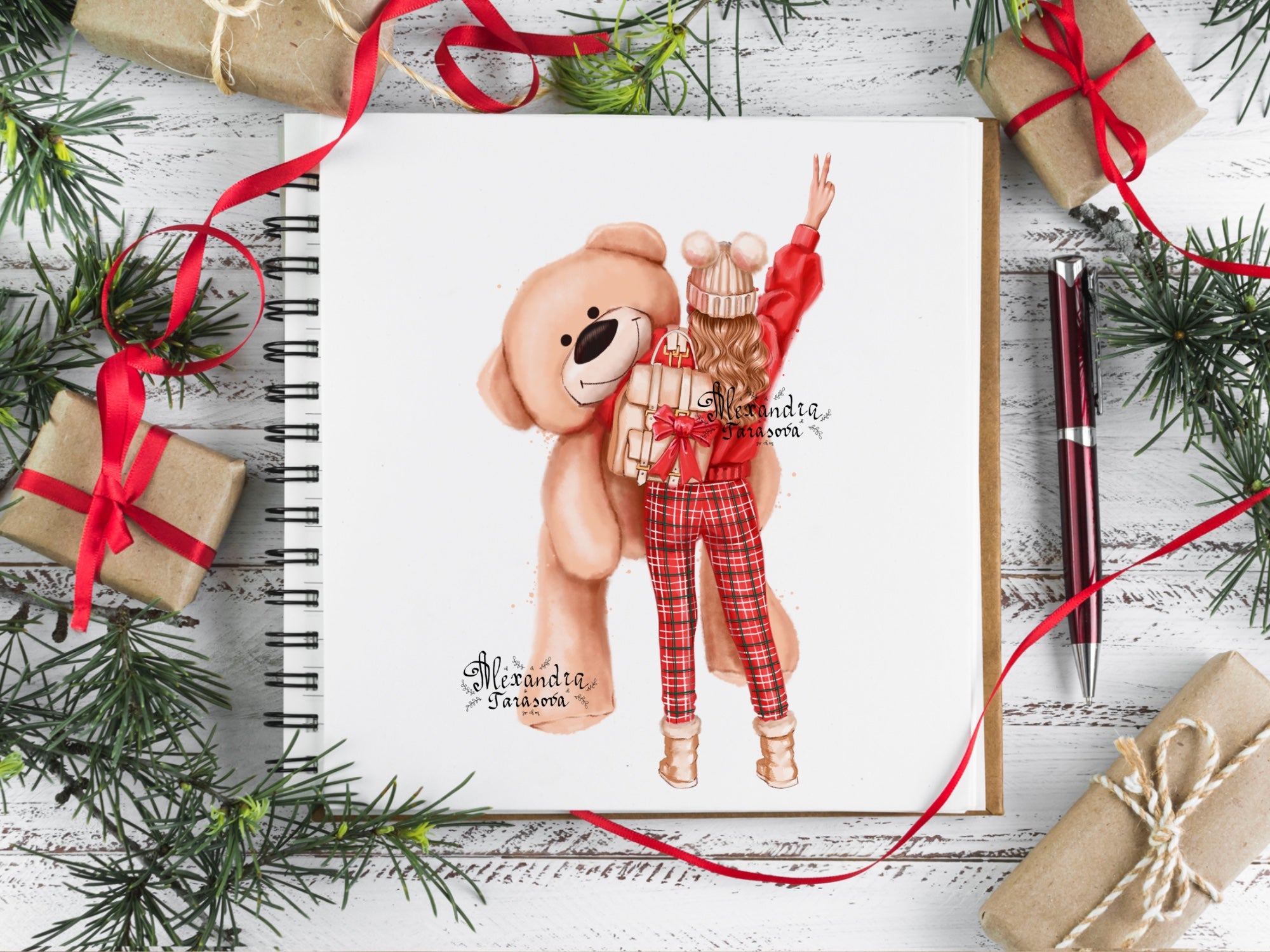 Digital Watercolor Illustration Fashion Girl Winter Picture Red Jeans Printable Art Clipart Stickers