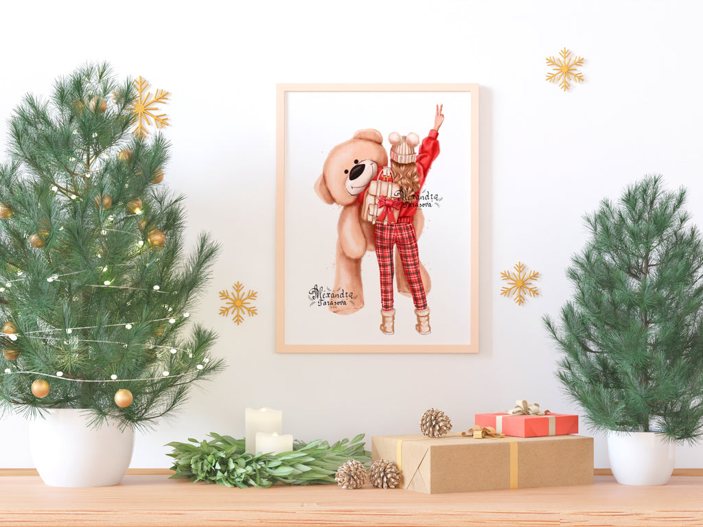 Digital Watercolor Illustration Fashion Girl Winter Picture Red Jeans Printable Art Clipart Stickers