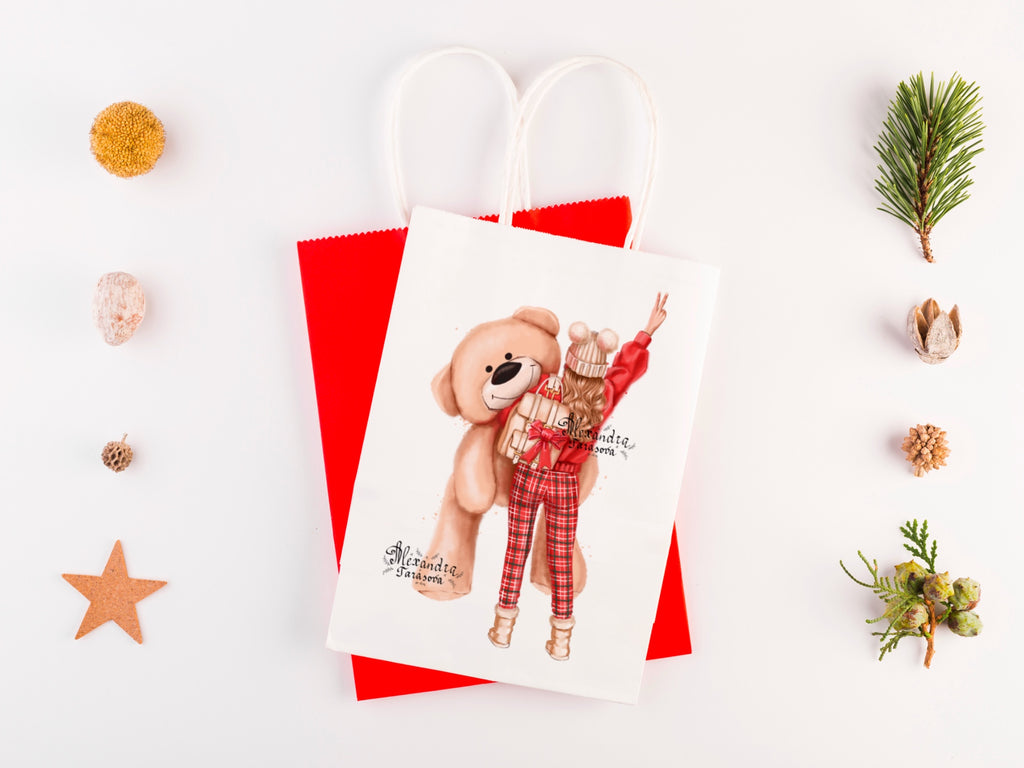 Digital Watercolor Illustration Fashion Girl Winter Picture Red Jeans Printable Art Clipart Stickers