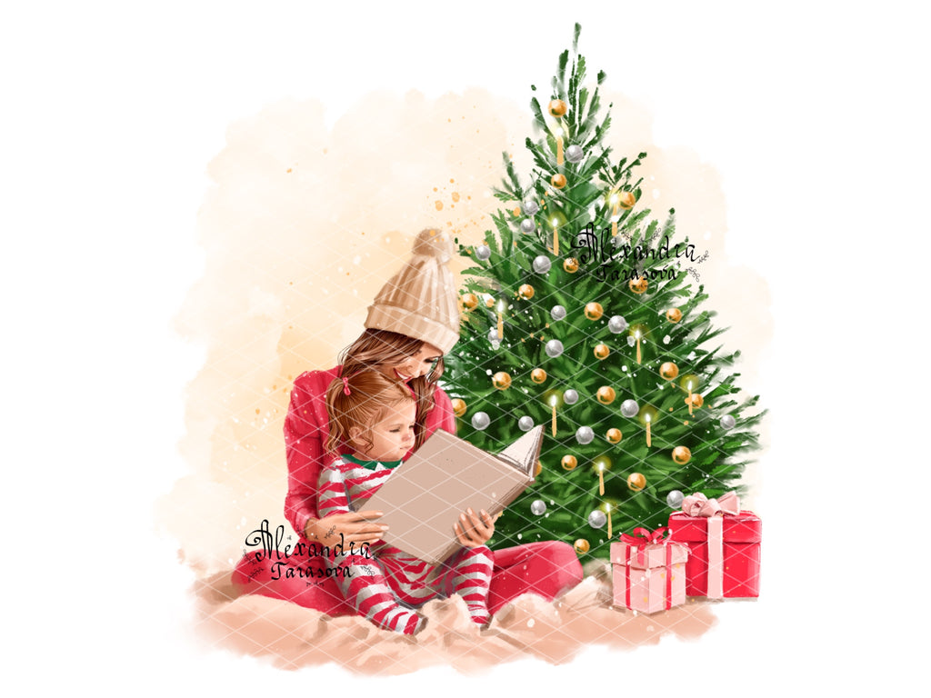 Digital Watercolor Christmas Illustration Mother And Daughter Reading Book Winter Holiday Printable Art