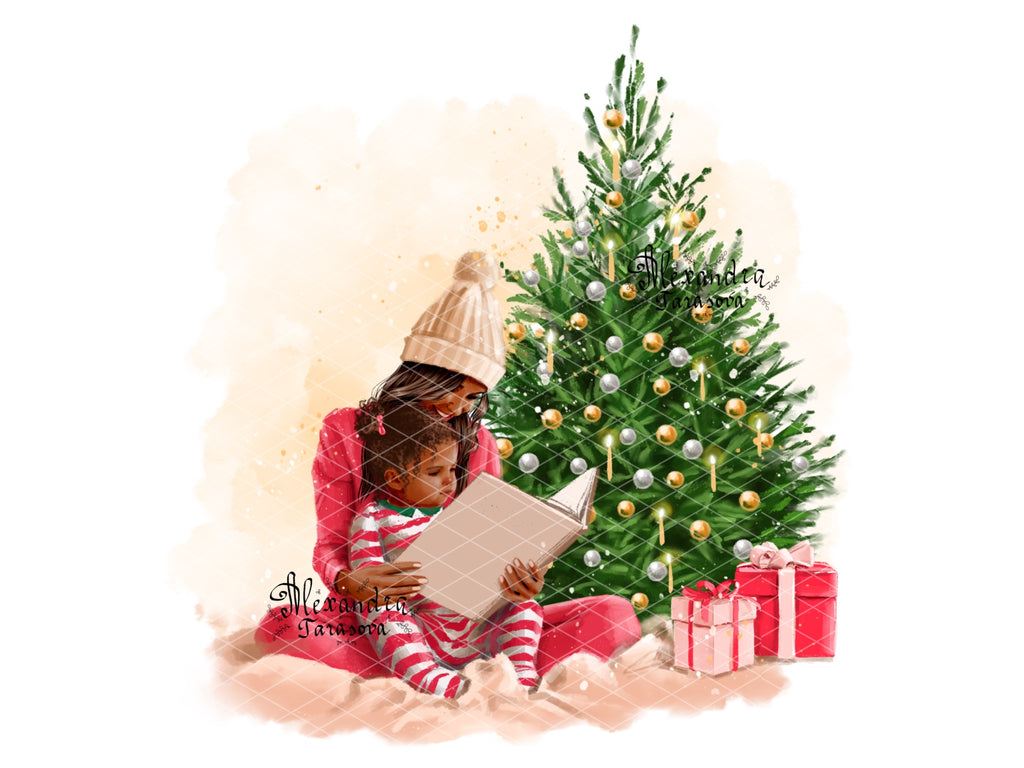 Digital Watercolor Christmas Illustration Mother And Daughter Reading Book Winter Holiday Printable Art
