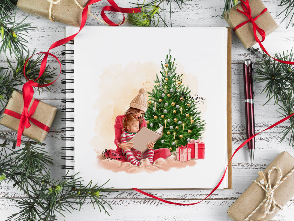 Digital Watercolor Christmas Illustration Mother And Daughter Reading Book Winter Holiday Printable Art