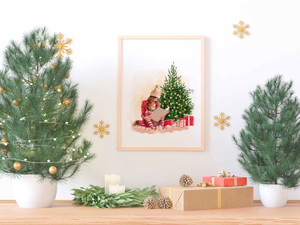 Digital Watercolor Christmas Illustration Mother And Daughter Reading Book Winter Holiday Printable Art