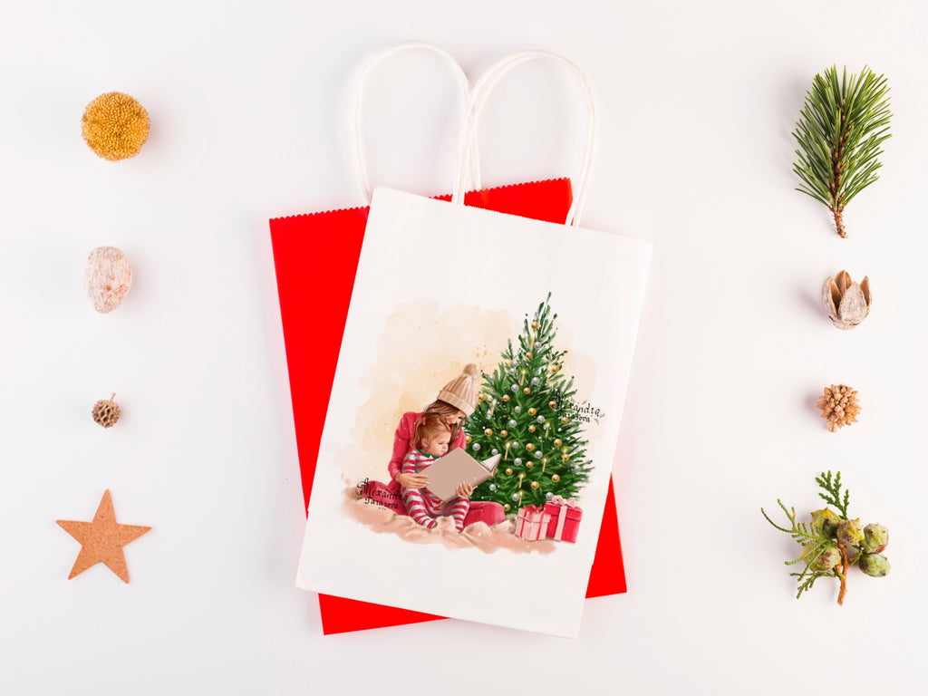 Digital Watercolor Christmas Illustration Mother And Daughter Reading Book Winter Holiday Printable Art