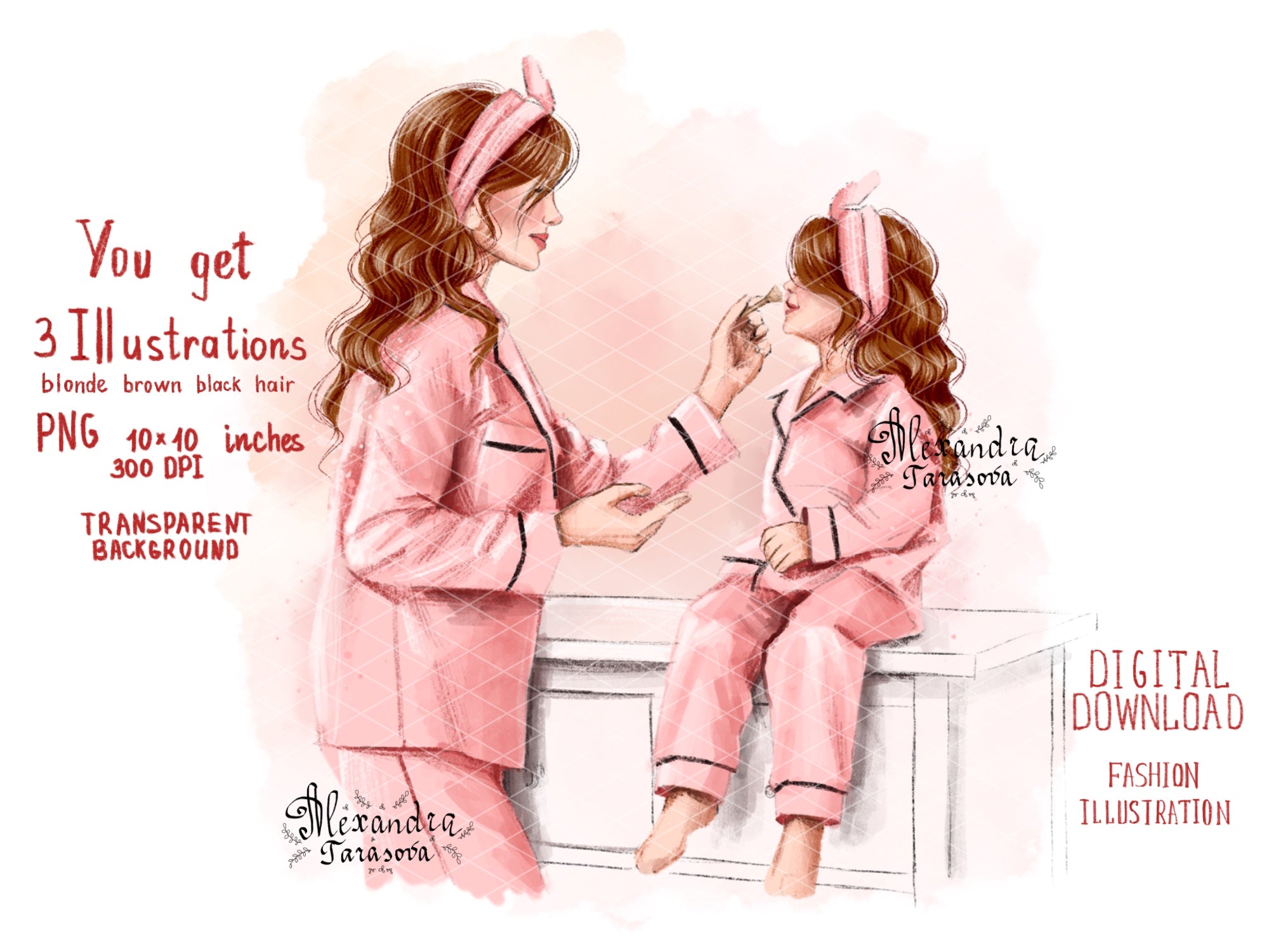 Digital Watercolor Illustration Stylish Mother And Daughter Pink Pajamas Trendy Hairstyles Pink Ribbon Printable Art